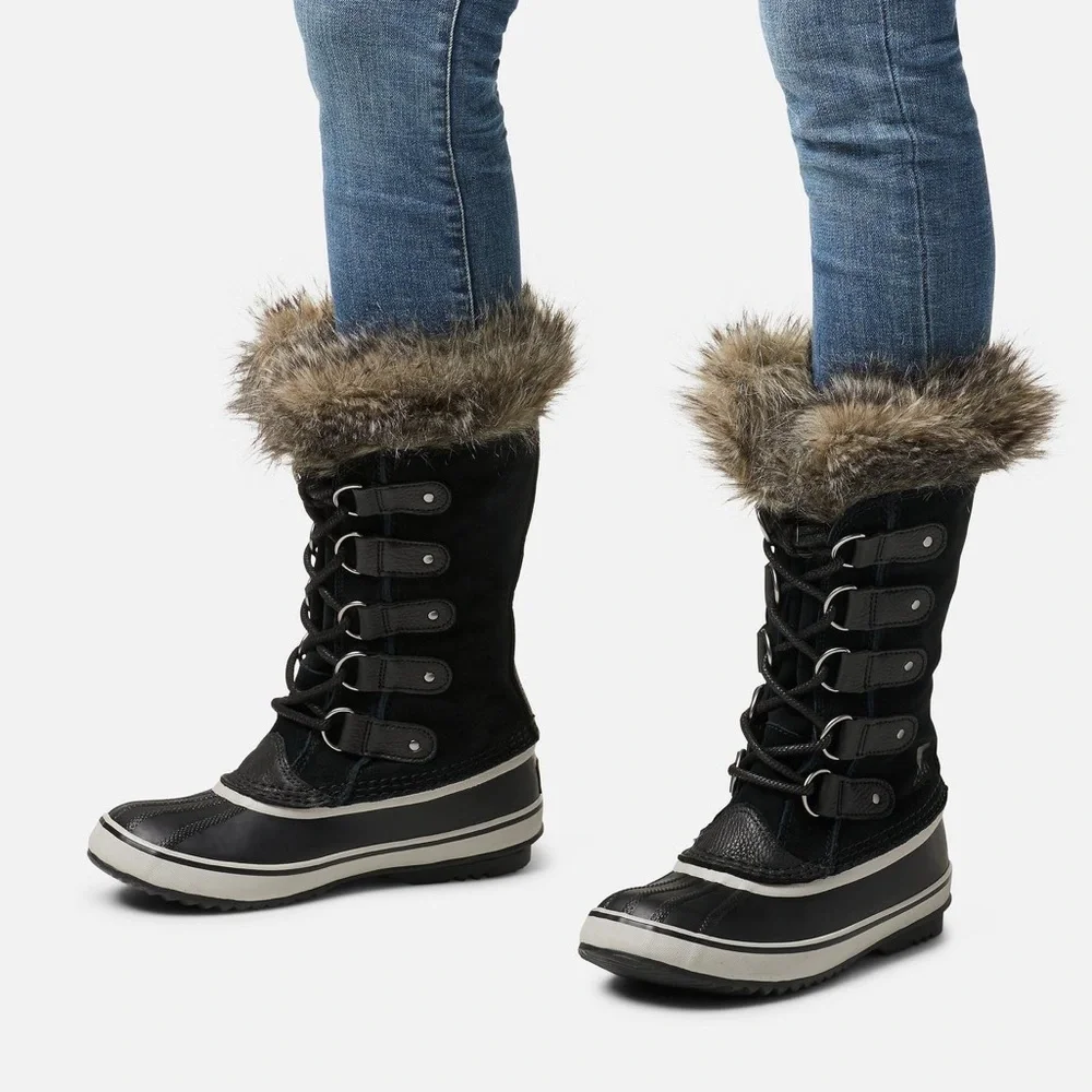 SOREL JOAN OF ARTIC Black Faux Fur-Trim Winter Lace-Up WATERPROOF Boots WM 7.5”